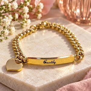 Cassidy Gold Tone ID Bracelet, Heart Charm, Personalized Name Chain Bracelet